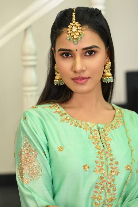 Shop_Hasrat By Salma_Aqua Chanderi, Organza Embroidery, Zari, Sequins Round Floral Zardosi Kurta Set _Online_at_Aza_Fashions