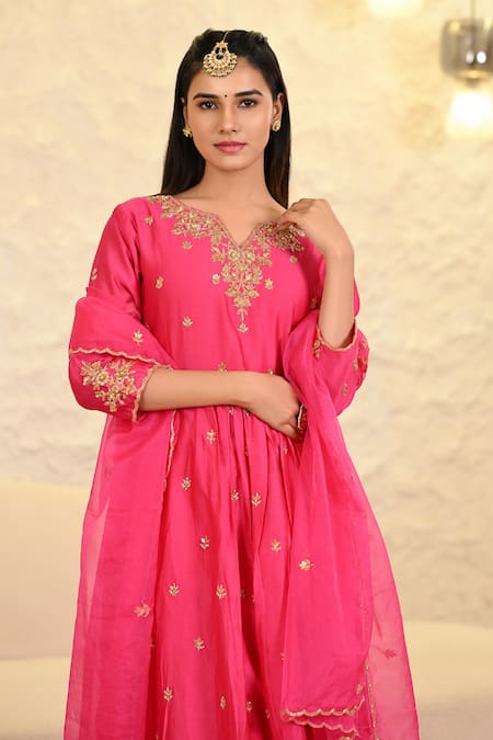 Shop_Hasrat By Salma_Pink Chanderi, Organza Zari, Sequins Split Floral Zardosi Embroidered Kurta Set _Online_at_Aza_Fashions