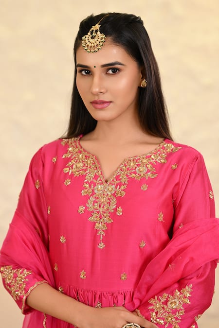 Buy_Hasrat By Salma_Pink Chanderi, Organza Zari, Sequins Split Floral Zardosi Embroidered Kurta Set 