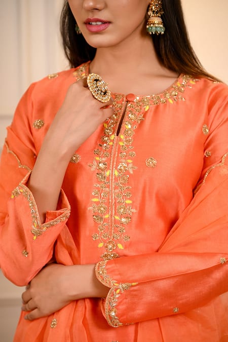 Shop_Hasrat By Salma_Orange Chanderi, Organza Sequins, Embroidery Round Neck Floral Kurta Set _Online_at_Aza_Fashions