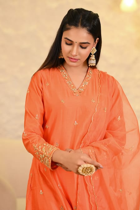 Hasrat By Salma_Orange Chanderi, Organza Sequins, Zari, Embroidery Zardosi A-line Kurta Set _Online_at_Aza_Fashions