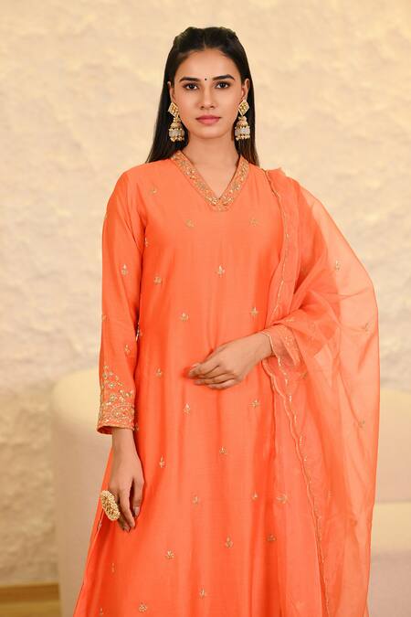 Buy_Hasrat By Salma_Orange Chanderi, Organza Sequins, Zari, Embroidery Zardosi A-line Kurta Set _Online_at_Aza_Fashions