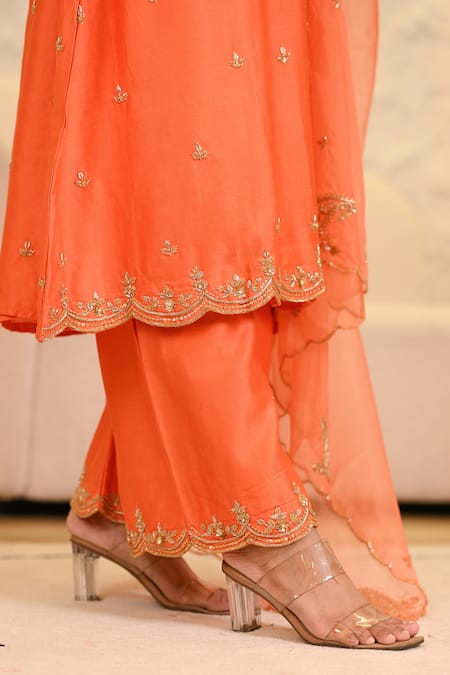 Shop_Hasrat By Salma_Orange Chanderi, Organza Sequins, Zari, Embroidery Zardosi A-line Kurta Set _Online_at_Aza_Fashions