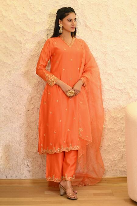 Hasrat By Salma_Orange Chanderi, Organza Sequins, Zari, Embroidery Zardosi A-line Kurta Set _at_Aza_Fashions