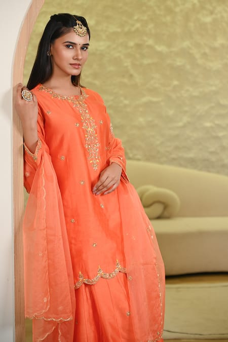 Hasrat By Salma_Orange Chanderi, Organza Sequins, Floral Zardosi Embroidered Kurta And Sharara Set _Online_at_Aza_Fashions