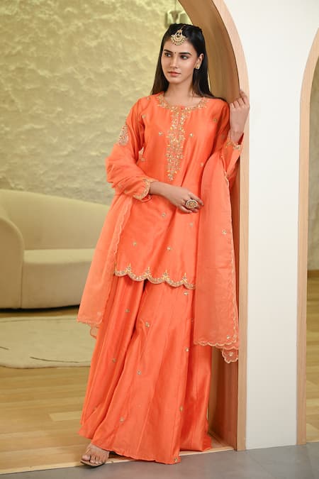 Buy_Hasrat By Salma_Orange Chanderi, Organza Sequins, Floral Zardosi Embroidered Kurta And Sharara Set _Online_at_Aza_Fashions