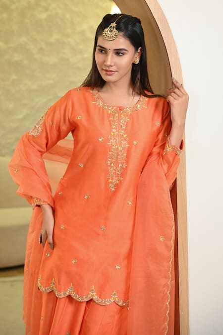 Shop_Hasrat By Salma_Orange Chanderi, Organza Sequins, Floral Zardosi Embroidered Kurta And Sharara Set _Online_at_Aza_Fashions