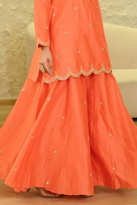 Buy_Hasrat By Salma_Orange Chanderi, Organza Sequins, Floral Zardosi Embroidered Kurta And Sharara Set 