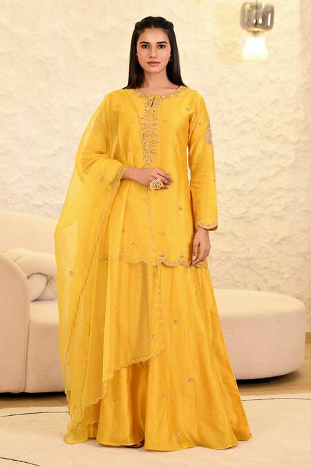Buy_Hasrat By Salma_Yellow Chanderi, Organza Sequins, Zari Zardosi Embroidered Kurta And Sharara Set _Online_at_Aza_Fashions