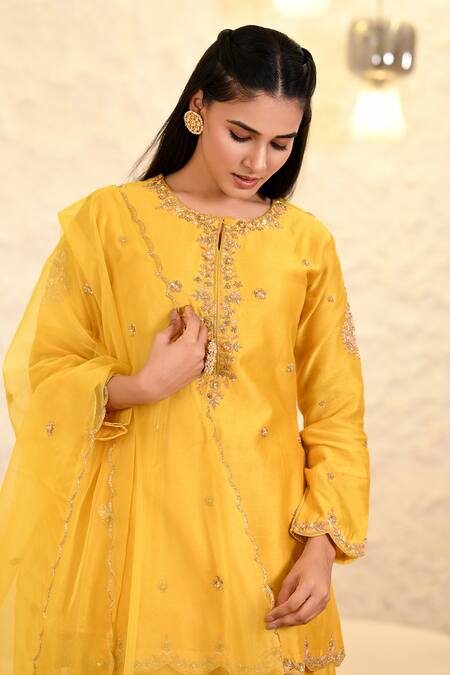 Shop_Hasrat By Salma_Yellow Chanderi, Organza Sequins, Zari Zardosi Embroidered Kurta And Sharara Set _Online_at_Aza_Fashions