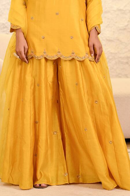 Hasrat By Salma_Yellow Chanderi, Organza Sequins, Zari Zardosi Embroidered Kurta And Sharara Set _at_Aza_Fashions