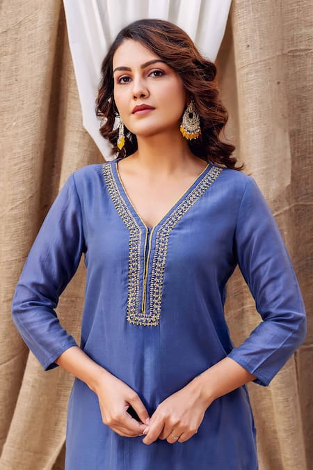Shop_Missprint_Blue , Cotton, Silk Sequins, Embroidery V-neck Kurta Pant Set _Online_at_Aza_Fashions