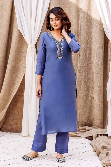 Missprint_Blue , Cotton, Silk Sequins, Embroidery V-neck Kurta Pant Set _at_Aza_Fashions