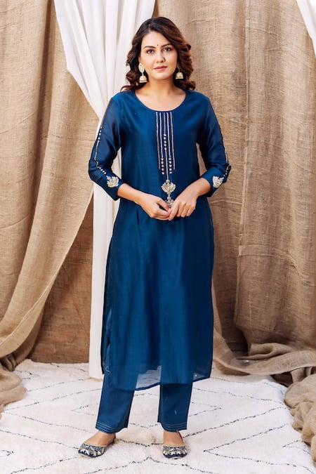 Missprint_Blue Silk, Cotton, Embroidery Round Zardozi Kurta Pant Set _Online_at_Aza_Fashions