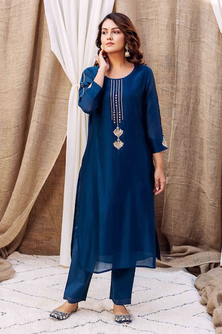 Buy_Missprint_Blue Silk, Cotton, Embroidery Round Zardozi Kurta Pant Set _Online_at_Aza_Fashions