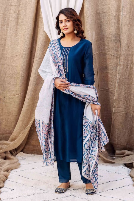 Shop_Missprint_Blue Silk, Cotton, Embroidery Round Zardozi Kurta Pant Set _Online_at_Aza_Fashions