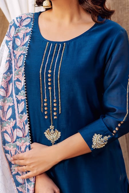Missprint_Blue Silk, Cotton, Embroidery Round Zardozi Kurta Pant Set _at_Aza_Fashions