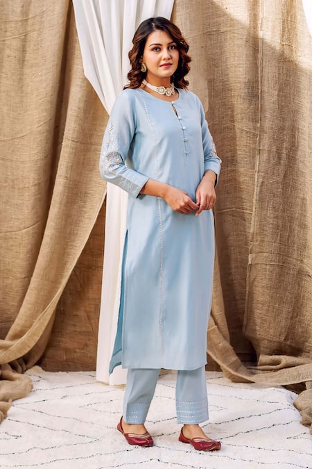Missprint_Blue Silk, Cotton, Embroidery, Gota Patti Trim Kurta Set _Online_at_Aza_Fashions