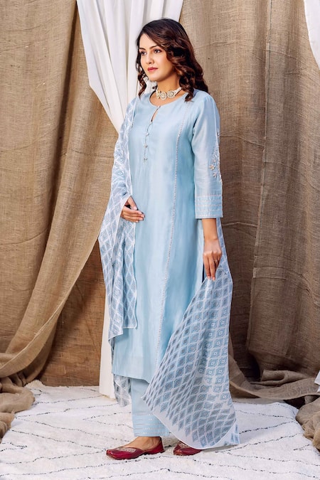Buy_Missprint_Blue Silk, Cotton, Embroidery, Gota Patti Trim Kurta Set _Online_at_Aza_Fashions