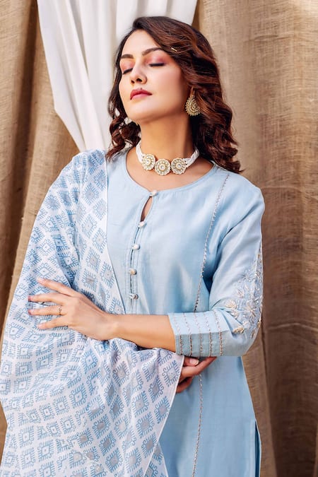 Shop_Missprint_Blue Silk, Cotton, Embroidery, Gota Patti Trim Kurta Set _Online_at_Aza_Fashions