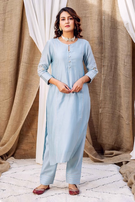 Missprint_Blue Silk, Cotton, Embroidery, Gota Patti Trim Kurta Set _at_Aza_Fashions