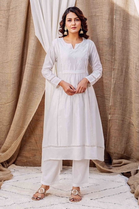 Missprint White , Cotton, Silk Embroidery, Fabric Thread Kurta Pant Set Online at Aza Fashions Missprint_White , Cotton, Silk Embroidery, Fabric Thread Kurta Pant Set _Online_at_Aza_Fashions