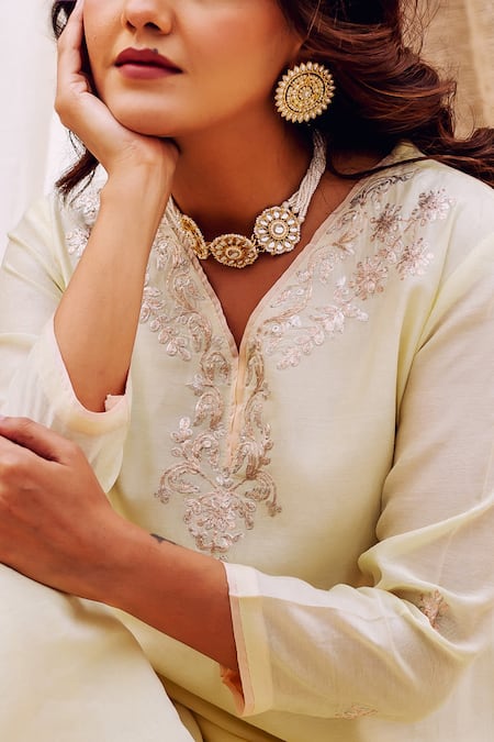 Shop Missprint Yellow Chanderi Silk, Cotton Embroidery V-neck Pittan Kurta Set Online at Aza Fashions Shop_Missprint_Yellow Chanderi Silk, Cotton Embroidery V-neck Pittan Kurta Set _Online_at_Aza_Fashions