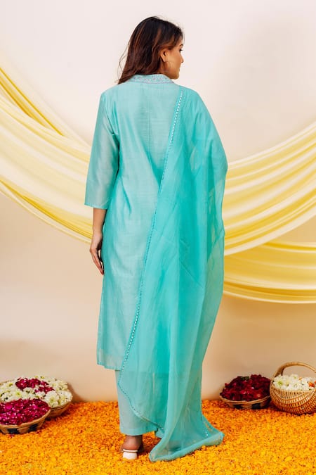 Shop Missprint Blue Chanderi Silk, Cotton, Organza Embroidery, Gota Patti V-neck V Kurta Set at Aza Fashions Shop_Missprint_Blue Chanderi Silk, Cotton, Organza Embroidery, Gota Patti V-neck V Kurta Set _at_Aza_Fashions