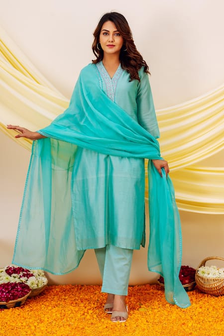 Missprint Blue Chanderi Silk, Cotton, Organza Embroidery, Gota Patti V-neck V Kurta Set Online at Aza Fashions Missprint_Blue Chanderi Silk, Cotton, Organza Embroidery, Gota Patti V-neck V Kurta Set _Online_at_Aza_Fashions
