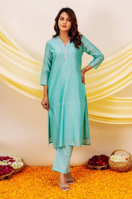 Shop Missprint Blue Chanderi Silk, Cotton, Organza Embroidery, Gota Patti V-neck V Kurta Set Online at Aza Fashions Shop_Missprint_Blue Chanderi Silk, Cotton, Organza Embroidery, Gota Patti V-neck V Kurta Set _Online_at_Aza_Fashions