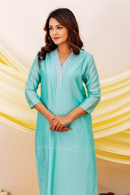 Missprint Blue Chanderi Silk, Cotton, Organza Embroidery, Gota Patti V-neck V Kurta Set at Aza Fashions Missprint_Blue Chanderi Silk, Cotton, Organza Embroidery, Gota Patti V-neck V Kurta Set _at_Aza_Fashions