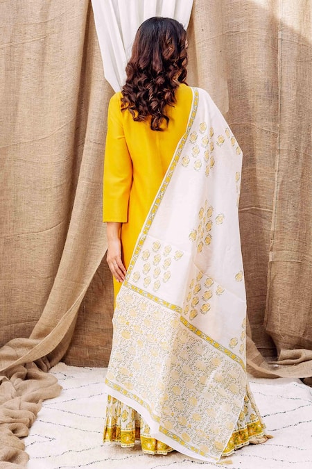 Shop Missprint Yellow , Cotton, Silk Embroidery Round Neck Kurta Sharara Set at Aza Fashions Shop_Missprint_Yellow , Cotton, Silk Embroidery Round Neck Kurta Sharara Set _at_Aza_Fashions