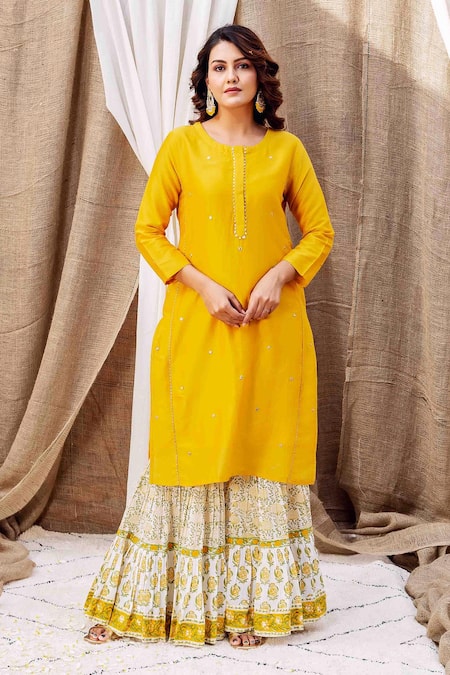 Missprint Yellow , Cotton, Silk Embroidery Round Neck Kurta Sharara Set Online at Aza Fashions Missprint_Yellow , Cotton, Silk Embroidery Round Neck Kurta Sharara Set _Online_at_Aza_Fashions