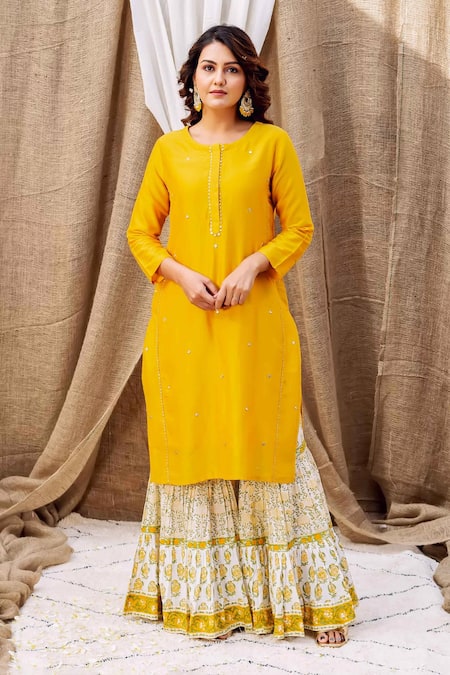 Buy Missprint Yellow , Cotton, Silk Embroidery Round Neck Kurta Sharara Set Online at Aza Fashions Buy_Missprint_Yellow , Cotton, Silk Embroidery Round Neck Kurta Sharara Set _Online_at_Aza_Fashions