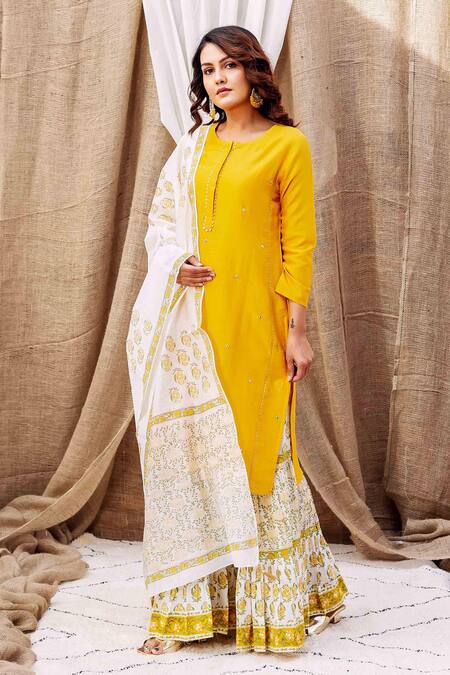 Shop Missprint Yellow , Cotton, Silk Embroidery Round Neck Kurta Sharara Set Online at Aza Fashions Shop_Missprint_Yellow , Cotton, Silk Embroidery Round Neck Kurta Sharara Set _Online_at_Aza_Fashions