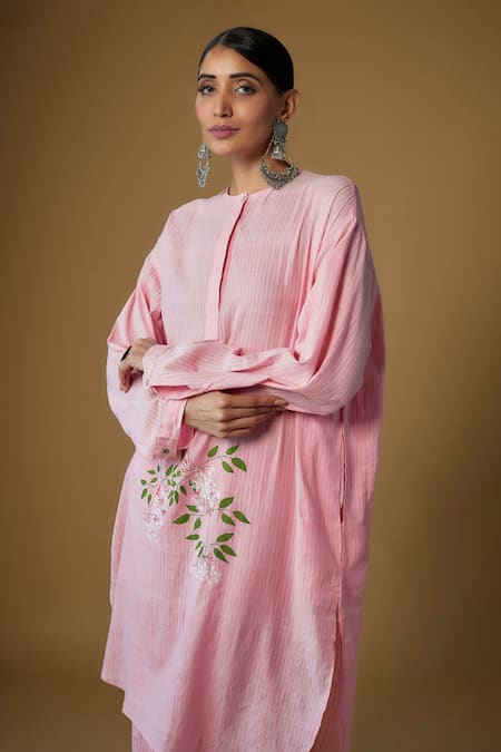 Buy_Inkpikle_Pink Handloom , Embroidery High Neck Baby Jasmine Print Kurta Set _Online_at_Aza_Fashions