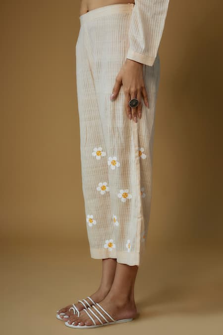 Inkpikle_Beige Handloom , Embroidery Round Neck Plumeria Print Kurta Set _Online_at_Aza_Fashions
