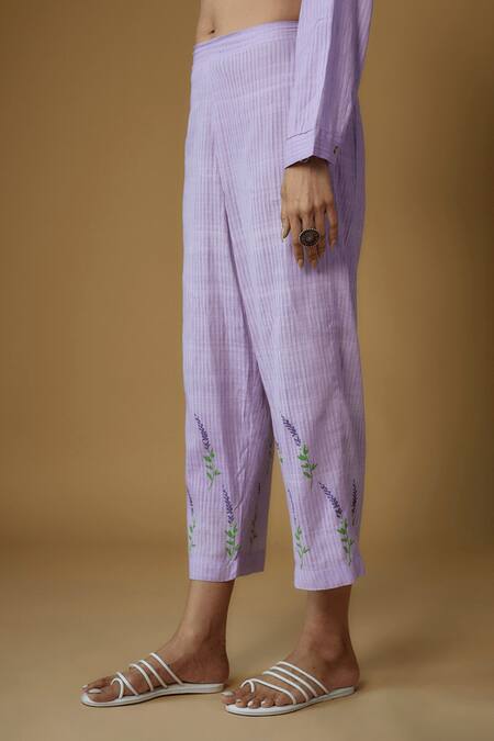Inkpikle_Purple Handloom , Embroidery Round Neck Parijath Print Kurta Set _Online_at_Aza_Fashions
