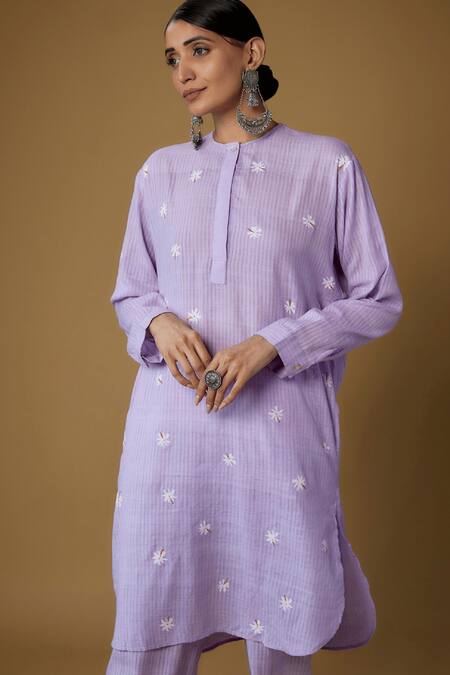 Buy_Inkpikle_Purple Handloom , Embroidery Round Neck Parijath Print Kurta Set _Online_at_Aza_Fashions