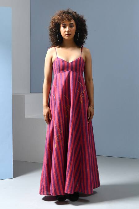 Inkpikle_Purple Cotton Sweetheart Neck Striped Handwoven Maxi Dress _Online_at_Aza_Fashions