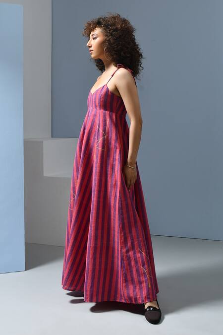 Buy_Inkpikle_Purple Cotton Sweetheart Neck Striped Handwoven Maxi Dress _Online_at_Aza_Fashions