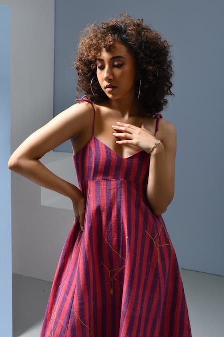 Shop_Inkpikle_Purple Cotton Sweetheart Neck Striped Handwoven Maxi Dress _Online_at_Aza_Fashions