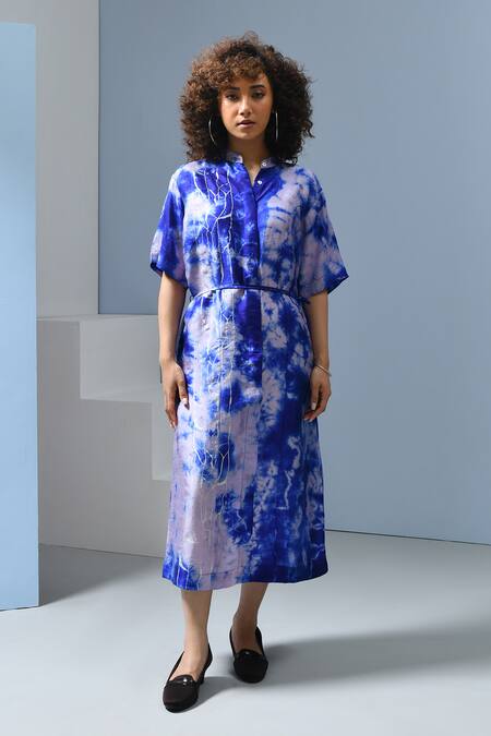 Inkpikle_Blue Handloom Cotton Mandarin Collar Tie Dye Midi Shirt Dress _Online_at_Aza_Fashions