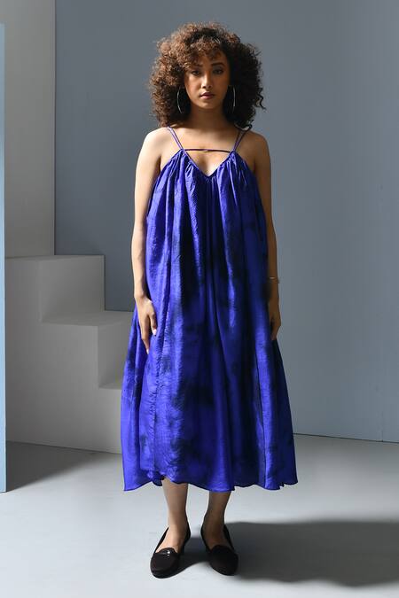 Inkpikle_Blue Silk Halter Neck Tie Dye Print Midi Dress _Online_at_Aza_Fashions