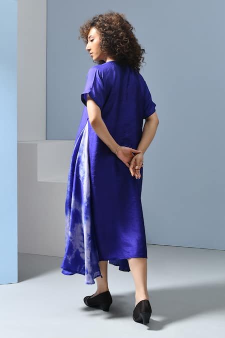 Inkpikle Blue Tie Dye Print Asymmetric Midi Dress 