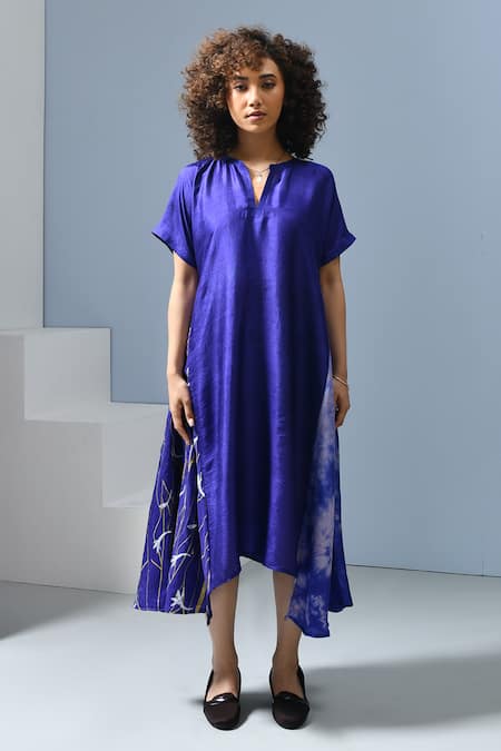 Inkpikle_Blue Handloom Cotton Split V-neck Tie Dye Print Asymmetric Midi Dress _Online_at_Aza_Fashions