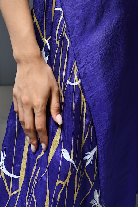 Buy_Inkpikle_Blue Handloom Cotton Split V-neck Tie Dye Print Asymmetric Midi Dress 