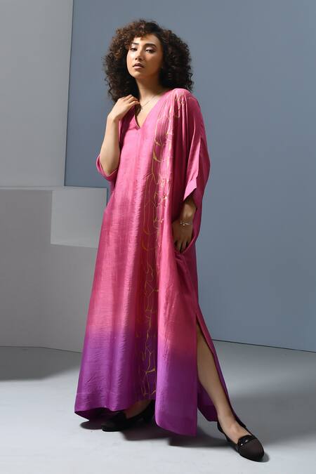 Buy_Inkpikle_Purple Handloom Cotton V-neck Abstract Print Ombre Maxi Dress _Online_at_Aza_Fashions