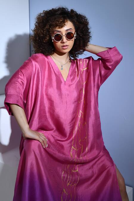 Shop_Inkpikle_Purple Handloom Cotton V-neck Abstract Print Ombre Maxi Dress _Online_at_Aza_Fashions