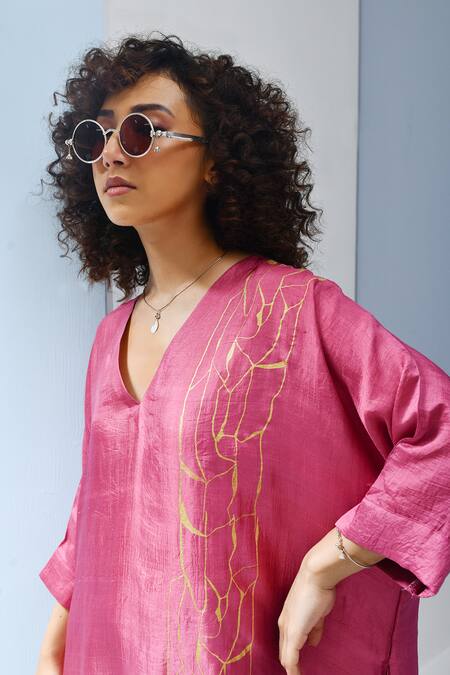 Inkpikle_Purple Handloom Cotton V-neck Abstract Print Ombre Maxi Dress _at_Aza_Fashions